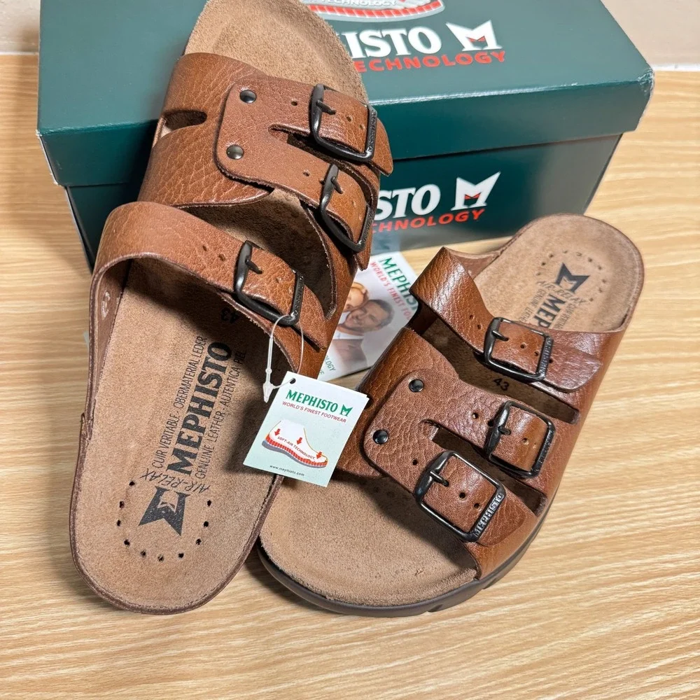 Mephisto Zach Fit Sandals Men's US 9 Brown Leather Adjustable Slides